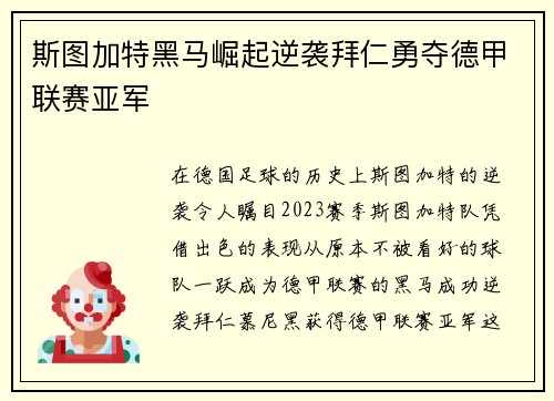 斯图加特黑马崛起逆袭拜仁勇夺德甲联赛亚军 斯图加特黑马崛起逆袭拜仁勇夺德甲联赛亚军