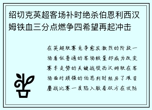 绍切克英超客场补时绝杀伯恩利西汉姆铁血三分点燃争四希望再起冲击